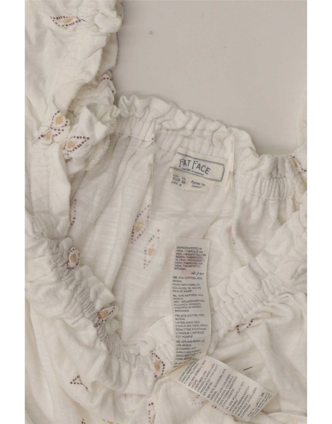 Blusa feminina Fat Face cropped grande Reino Unido 10 pequena geométrica branca