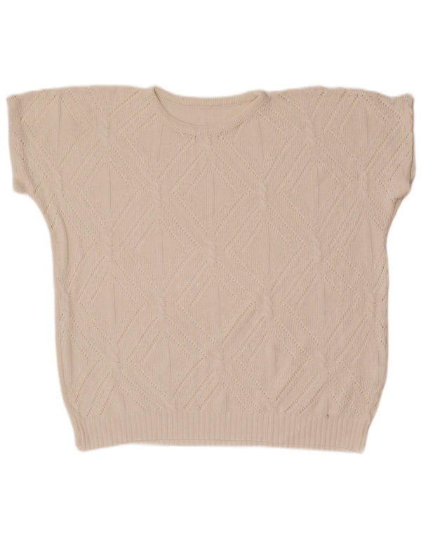Suéter feminino vintage com gola redonda UK 14 médio branco geométrico
