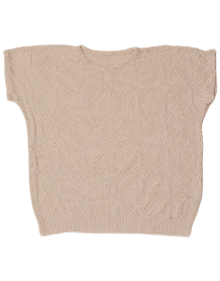 Suéter feminino vintage com gola redonda UK 14 médio branco geométrico