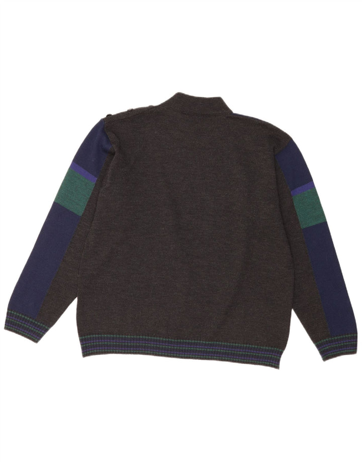 Suéter vintage masculino com gola tartaruga IT 52 grande lã colorblock cinza