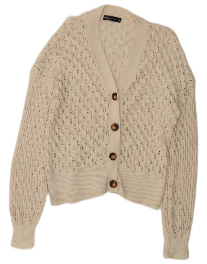 Suéter cardigã feminino Marks & Spencer Reino Unido 14 grande algodão branco