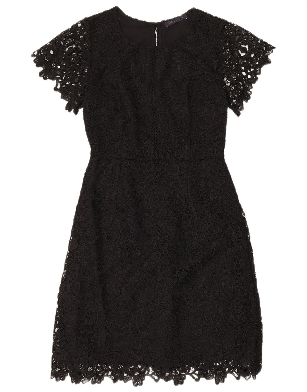 Vestido feminino Marks & Spencer com bainha de renda Reino Unido 8 pequeno preto floral poliéster