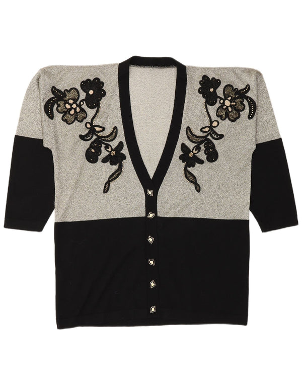 Suéter cardigã feminino vintage UK 18 XL preto floral