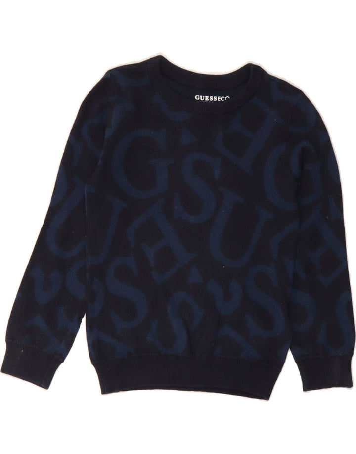 GUESS Boys Graphic Boat Neck Jumper Sweater 7-8 Years Navy Blue Cotton Vintage Guess and Second-Hand Guess from Messina Hembry 