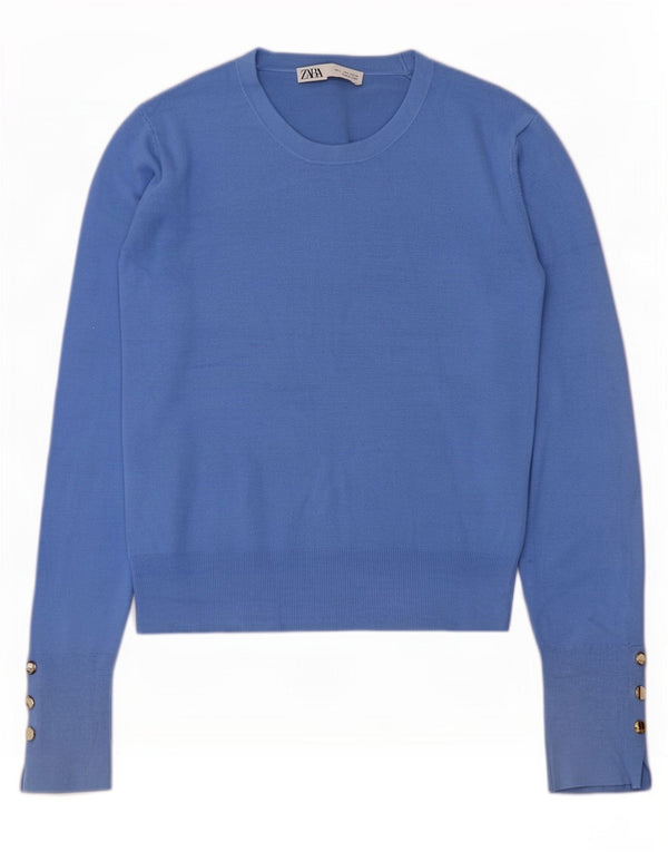 Zara Suéter feminino com gola redonda, Reino Unido 14, grande, azul