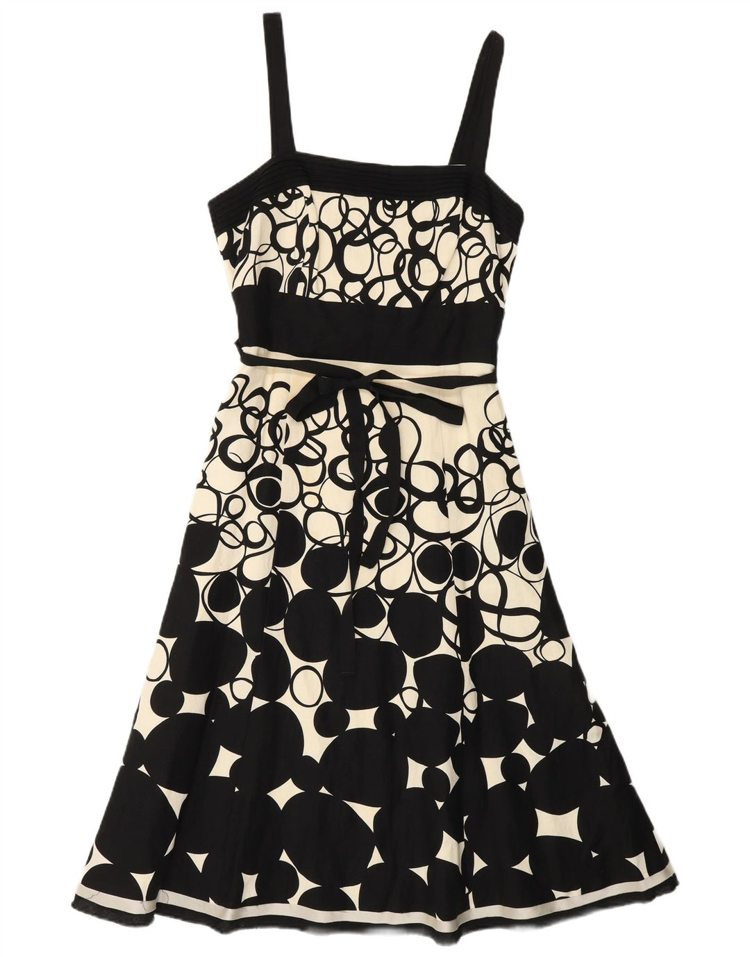 Vestido feminino MONSOON sem mangas evasê UK 10 pequeno linho geométrico preto