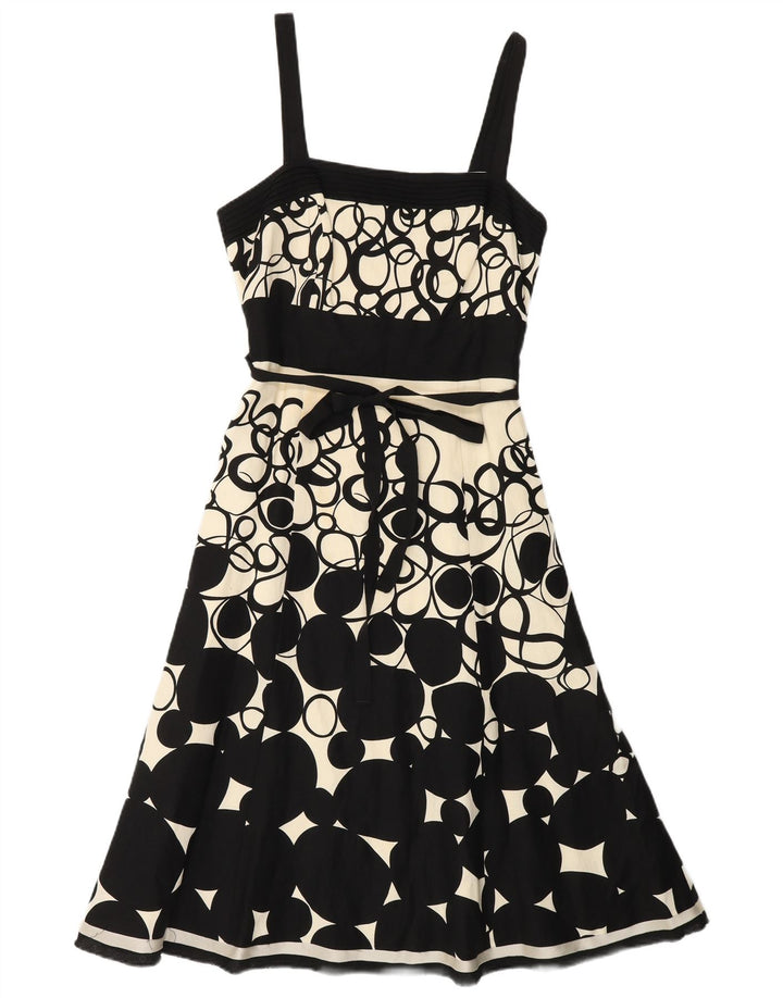 Vestido feminino MONSOON sem mangas evasê UK 10 pequeno linho geométrico preto