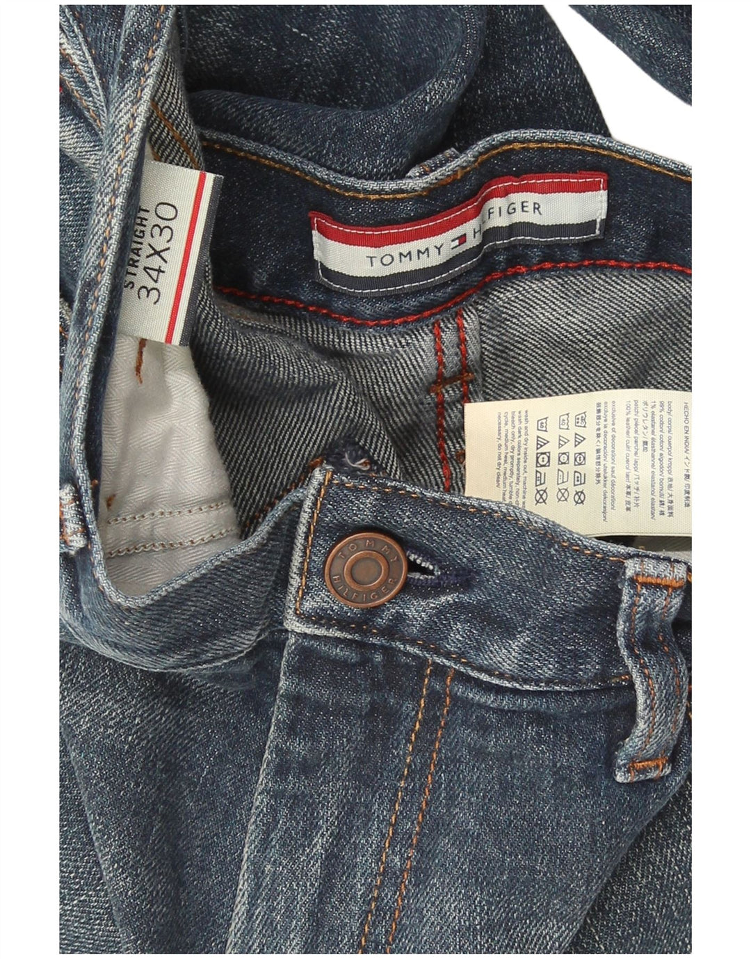 Tommy Hilfiger Calça jeans reta masculina desgastada W34 L30 algodão azul