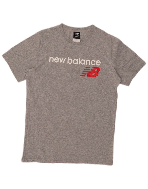 Camiseta gráfica masculina New Balance algodão manchado cinza médio