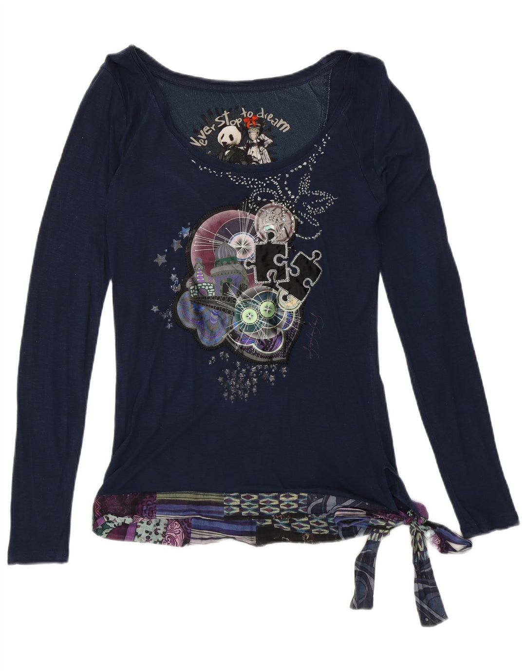 Blusa feminina Desigual com padrão abstrato Reino Unido 10 pequena azul marinho