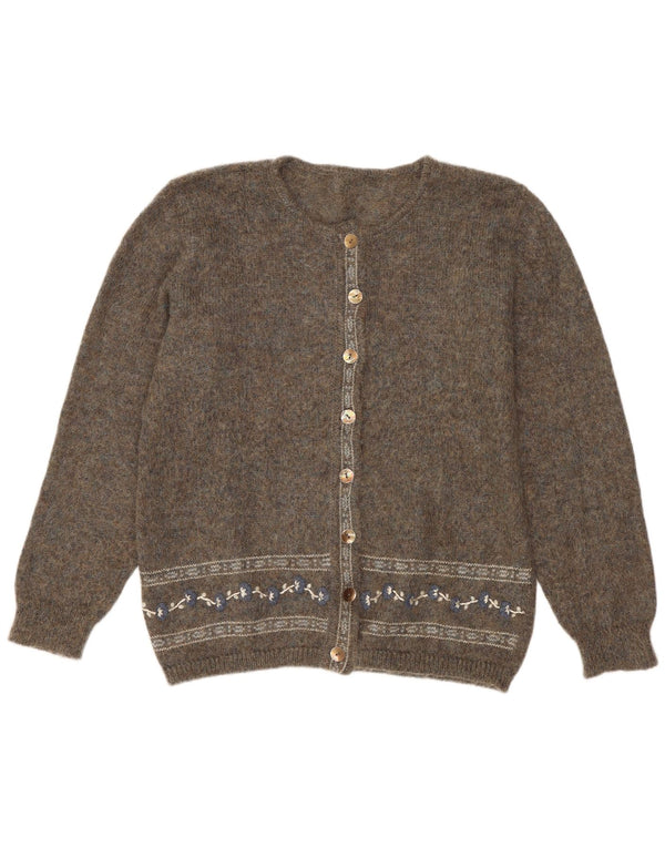 Suéter Cardigan Feminino Vintage Reino Unido 16 Grande Mohair Floral Cinza