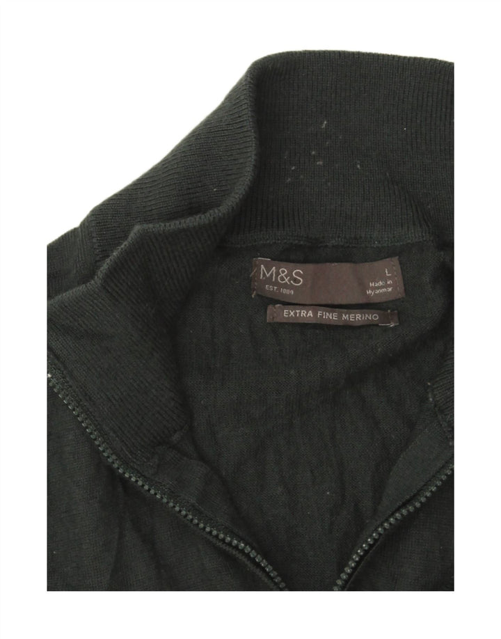 Suéter masculino Marks & Spencer com zíper e gola grande de lã merino verde