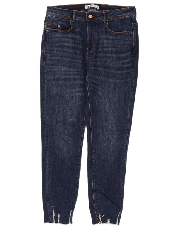 Zara Jeans feminino slim desgastado UE 42 grande W32 L28 algodão azul marinho
