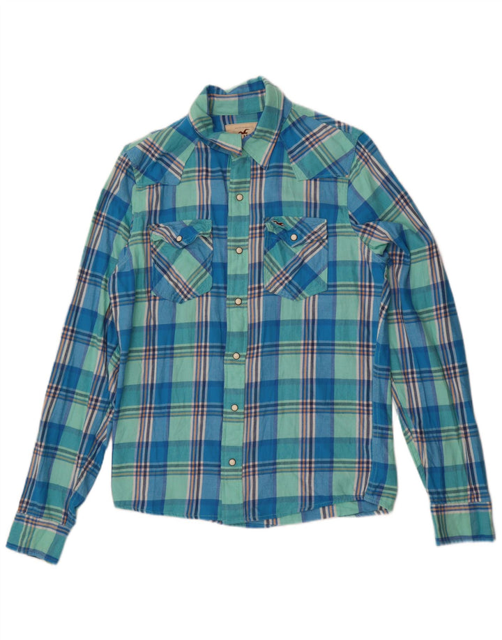 Camisa masculina de flanela Hollister de algodão xadrez azul médio