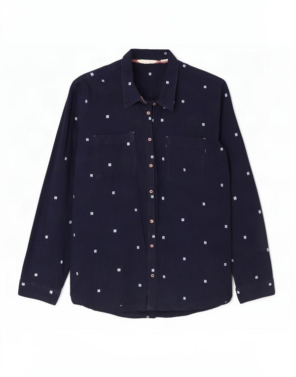 Camisa feminina manga 3/4 White Stuff Reino Unido 12 algodão geométrico azul marinho médio