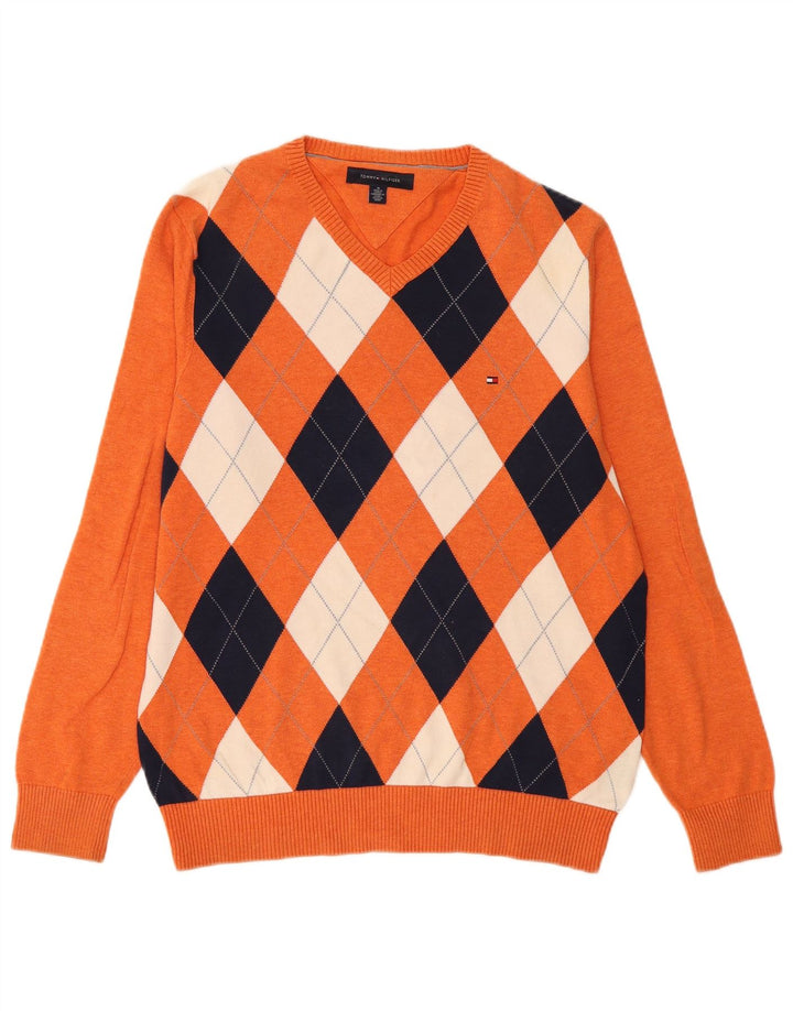 Suéter masculino Tommy Hilfiger com decote em V médio laranja argyle/diamante