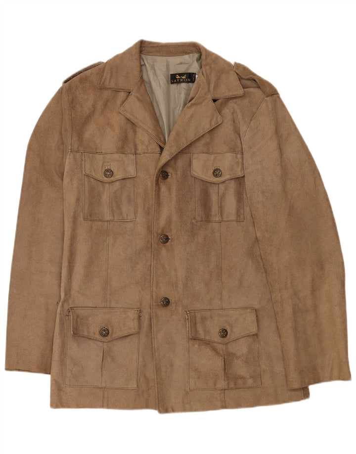 Jaqueta masculina de camurça militar VINTAGE Reino Unido 38 couro bege médio