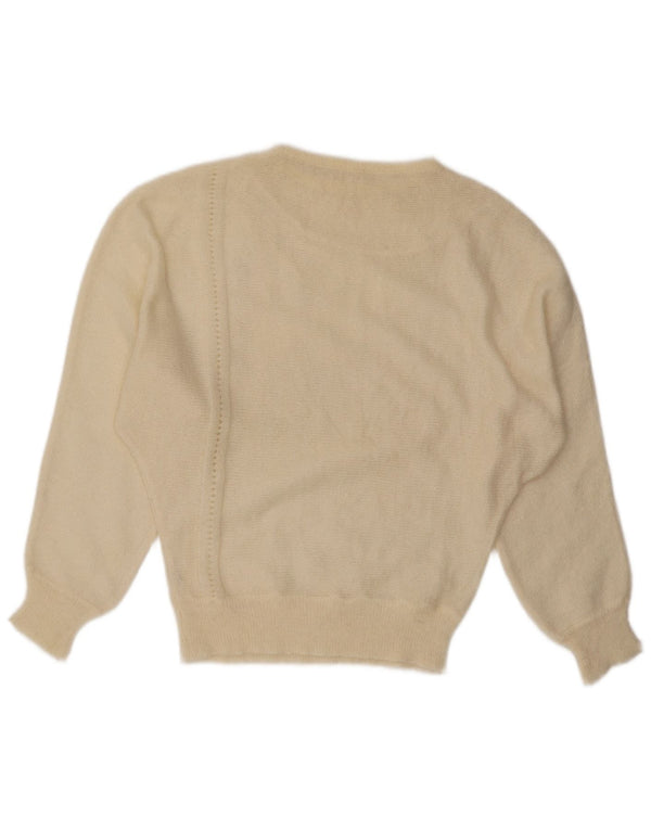 Suéter vintage feminino com gola canoa Reino Unido 14 grande mohair branco