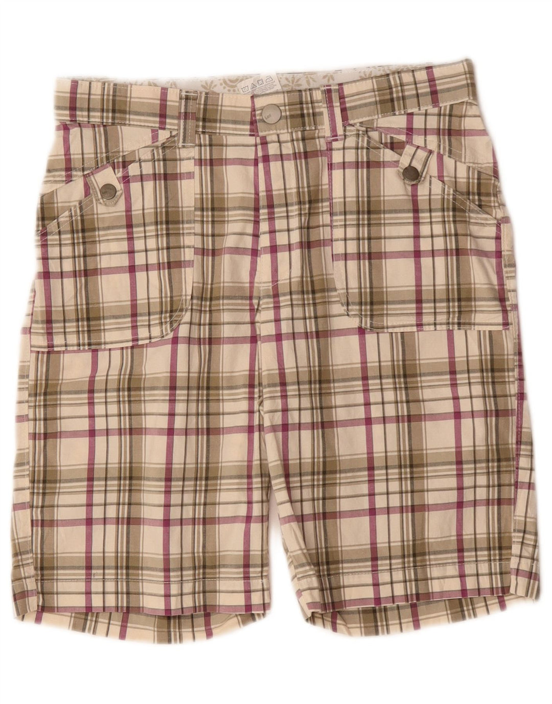 Shorts casuais femininos Lee US 8 médio W30 algodão xadrez bege