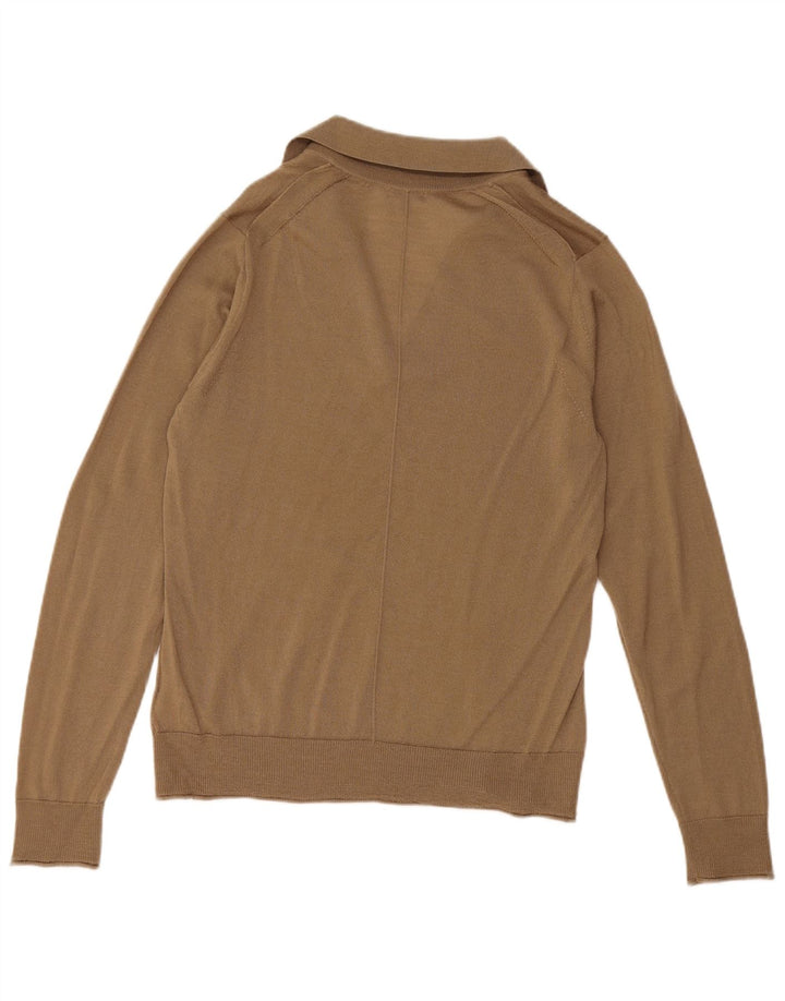 Jigsaw Suéter feminino com gola polo e gola polo UK 12 lã bege médio