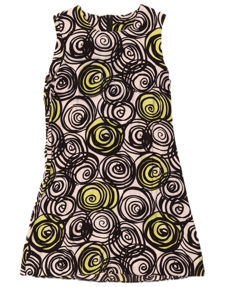 Vestido feminino VINTAGE sem mangas evasê UK 14 médio preto geométrico