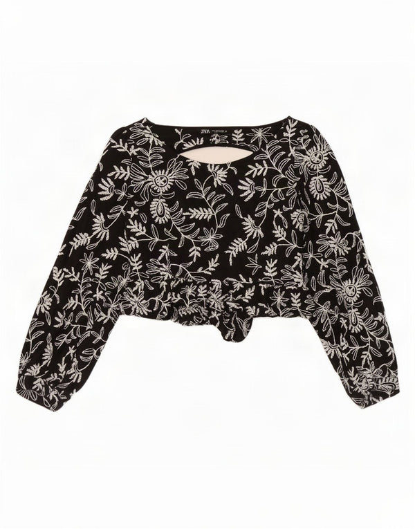 Zara Top feminino de manga comprida UK 12 algodão floral preto médio