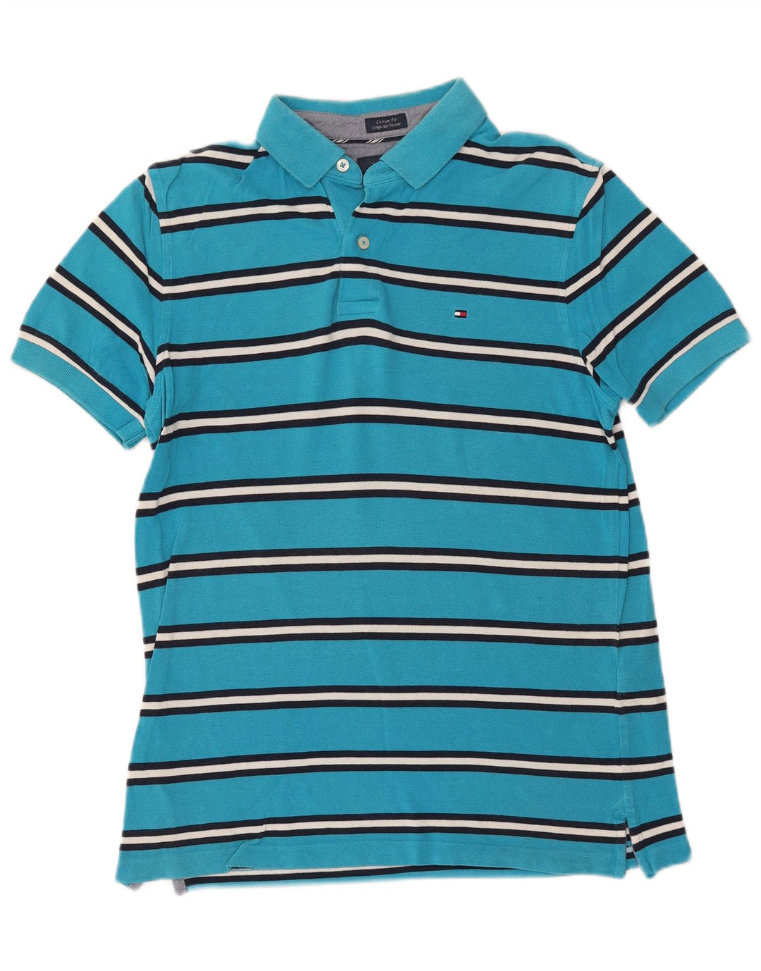 Camisa polo masculina Tommy Hilfiger Custom Fit de algodão listrado azul médio