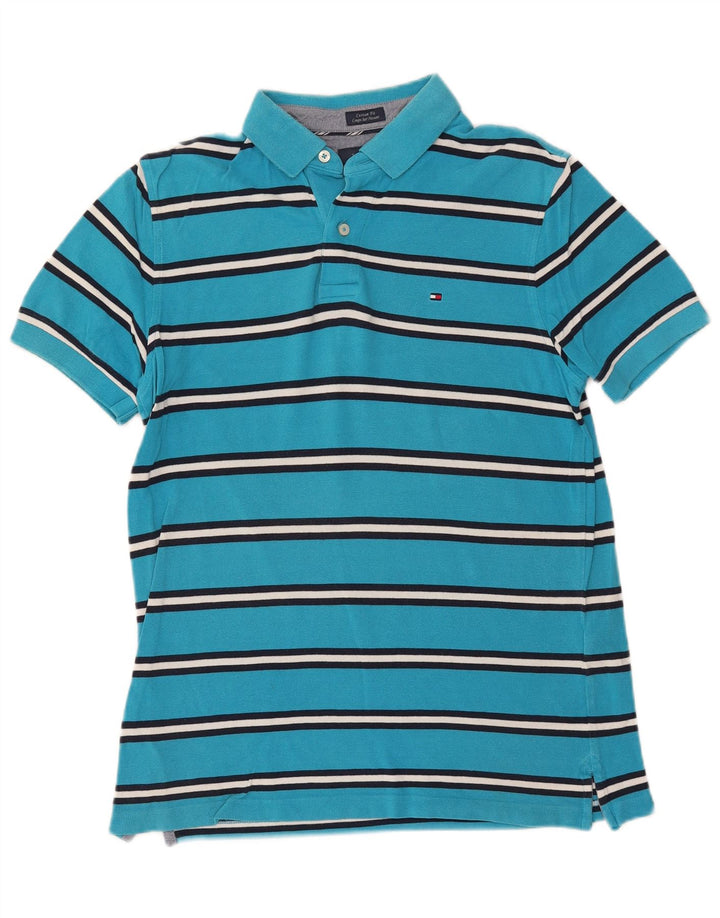Camisa polo masculina Tommy Hilfiger Custom Fit de algodão listrado azul médio