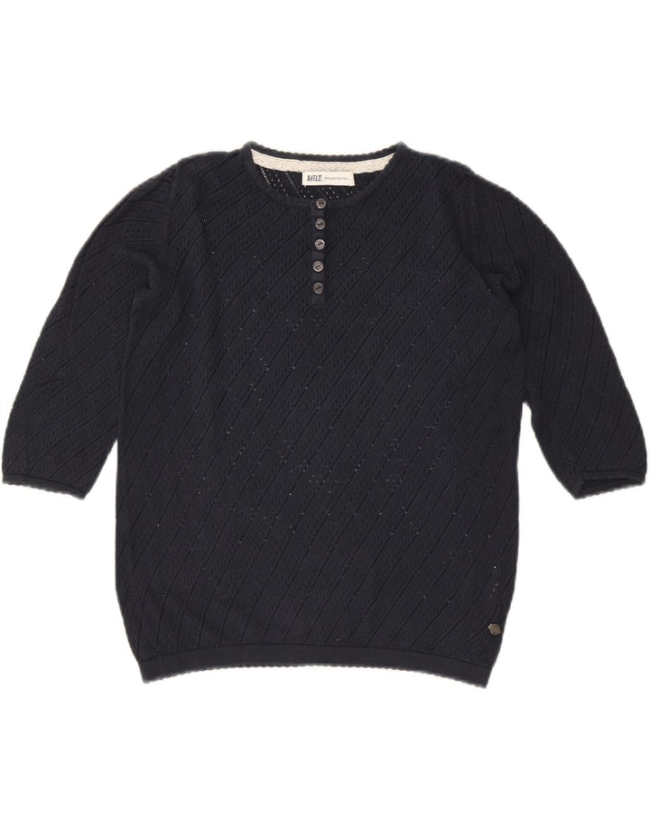 RIFLE Womens 3/4 Sleeve Button Neck Jumper Sweater UK 12 Medium Navy Blue