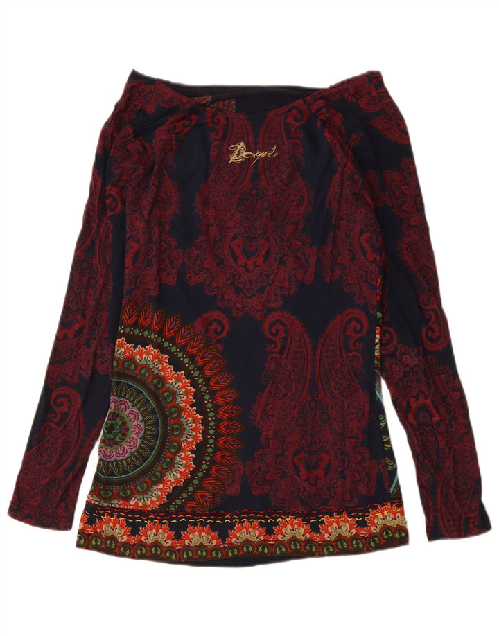 DESIGUAL Top gráfico feminino manga comprida Reino Unido 12 médio azul marinho Paisley