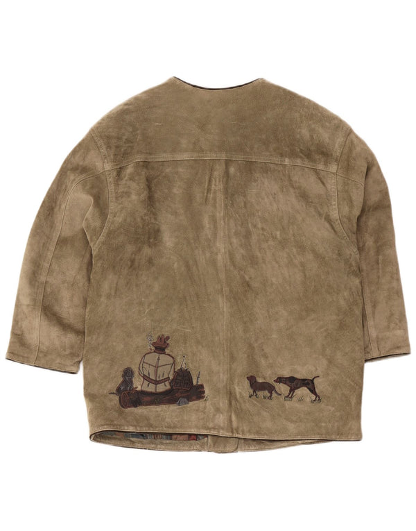 Jaqueta masculina vintage de camurça gráfica de caça UE 42 grande estampa animal cáqui