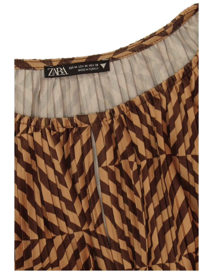 Vestido feminino Zara manga comprida evasê Reino Unido 14 poliéster listrado marrom médio