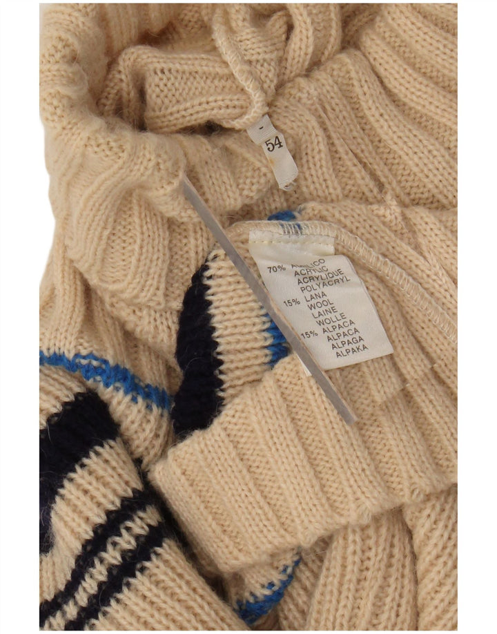 Suéter feminino VINTAGE com gola redonda Reino Unido 12 acrílico listrado bege médio