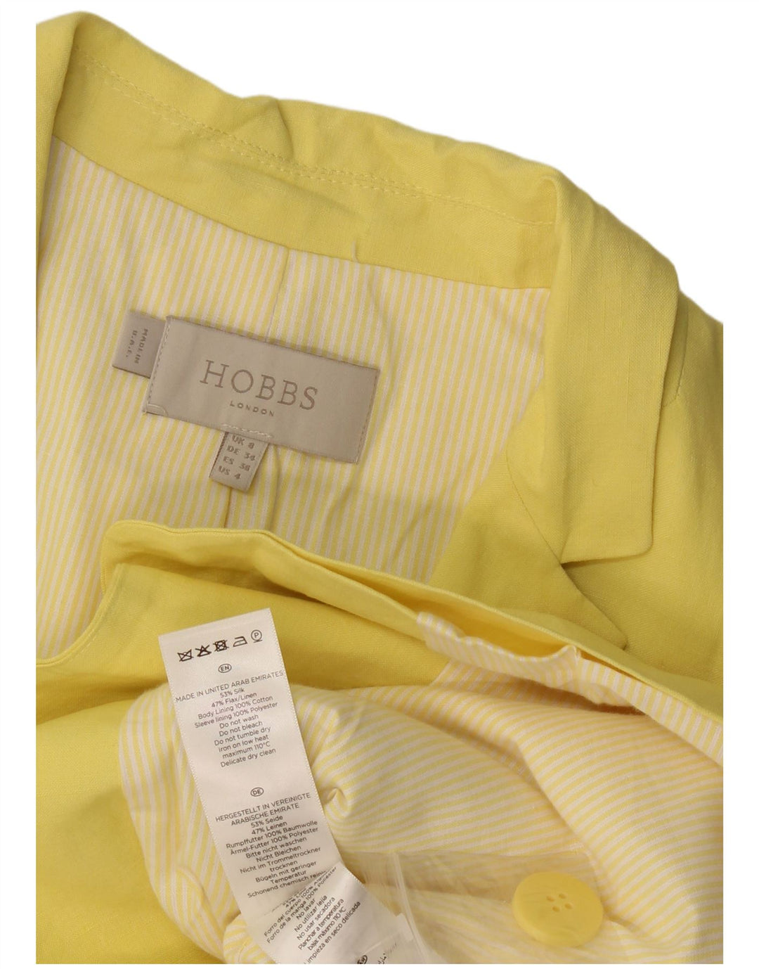 Jaqueta blazer feminina Hobbs com 1 botão Reino Unido 8 pequena seda amarela