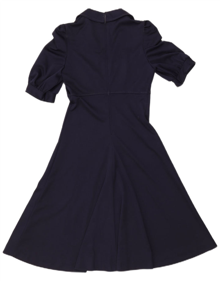 Vestido feminino VINTAGE A-Line UK 8 pequeno poliéster azul marinho