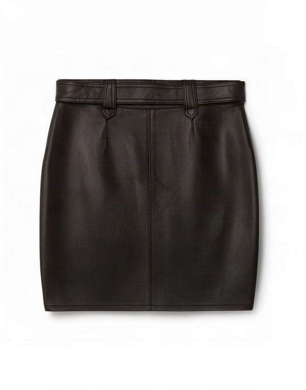 Mini saia feminina vintage de couro grande W34 preta