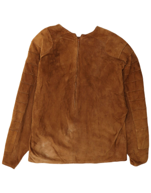 Blusa feminina vintage de camurça com manga comprida e manga comprida Reino Unido 16 grande marrom