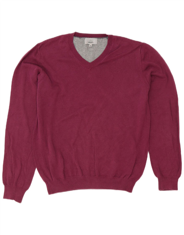 Suéter masculino Marks & Spencer com ajuste regular e decote em V de algodão roxo médio