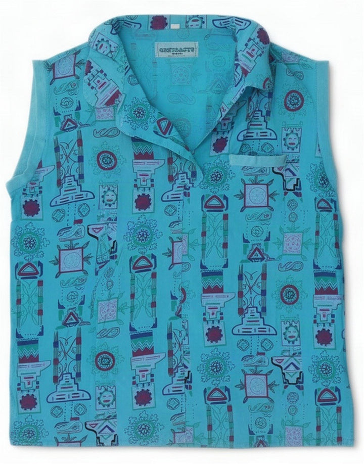 Camisa polo feminina vintage com padrão abstrato sem mangas UK 14 Azul Médio