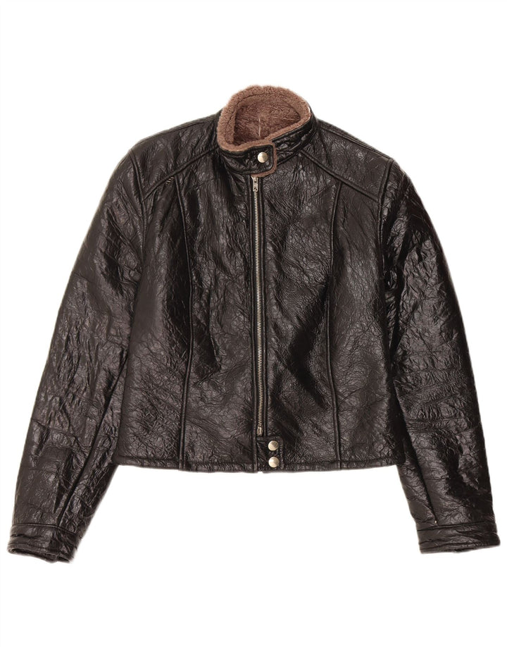 Jaqueta Shearling Feminina Vintage Reino Unido 14 Couro Preto Médio