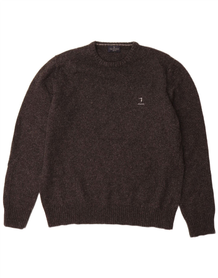 Trussardi Jeans Suéter masculino com gola redonda, grande lã cinza