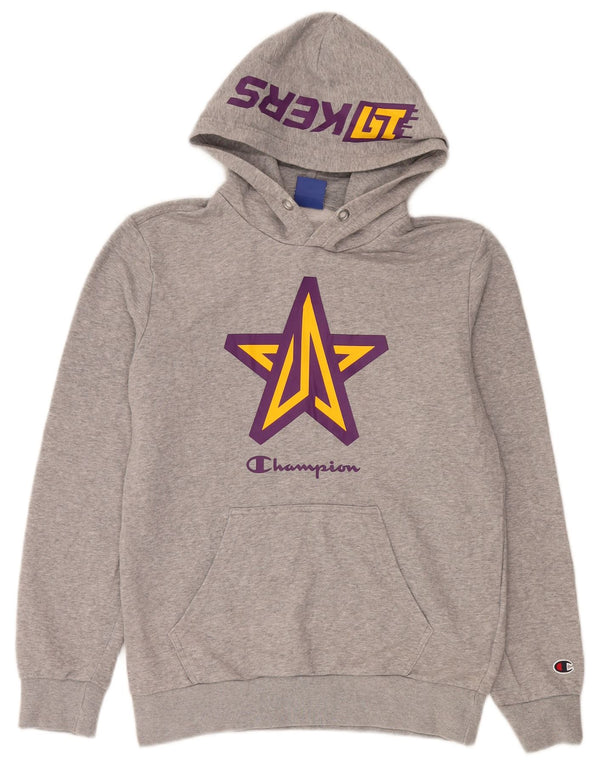 Jumper masculino com capuz gráfico Champion Los Angeles Lakers cinza médio manchado