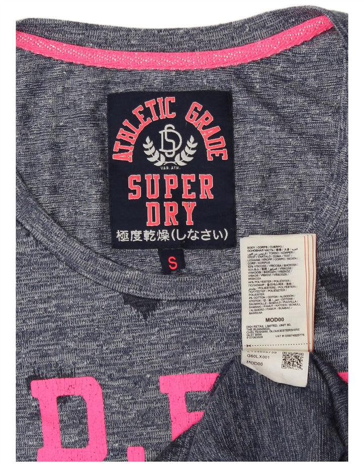 Top gráfico feminino Superdry manga comprida UK 10 pequeno azul marinho manchado amor