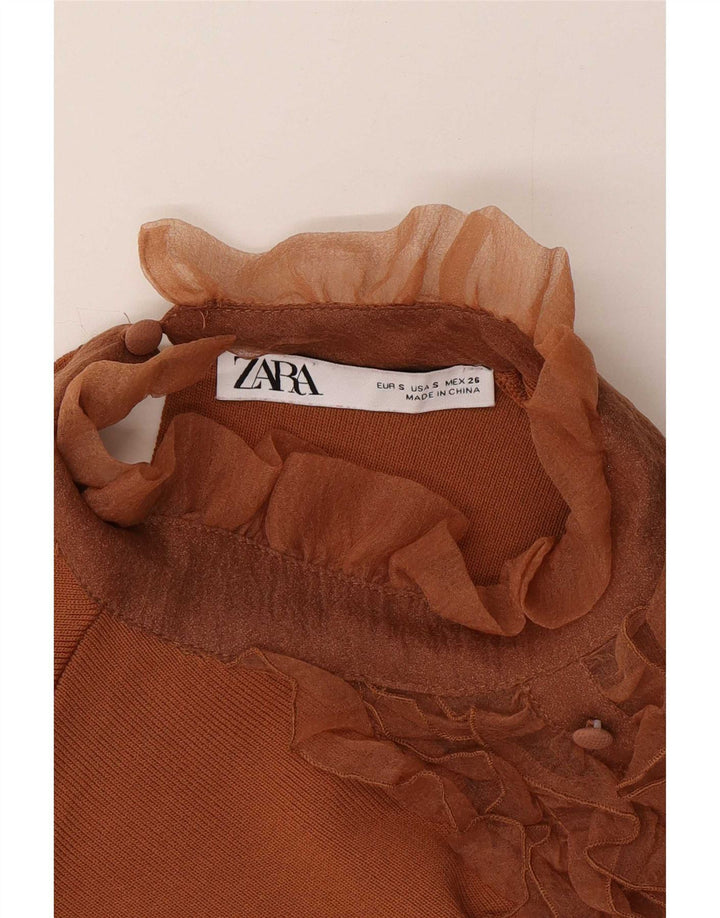 Blusa feminina Zara com babados na frente UK 8 pequena marrom nylon