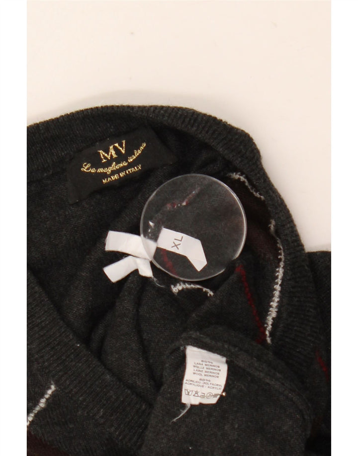 Vintage Mens V-Neck Jumper Sweater XL Grey Argyle/Diamond Wool