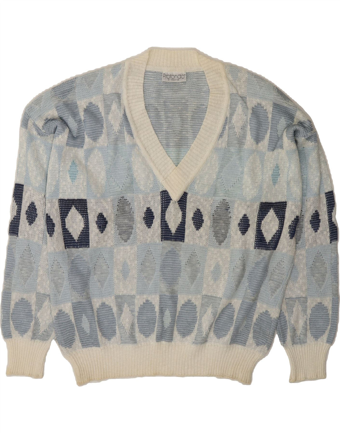 VINTAGE Womens V-Neck Jumper Sweater IT 46 Large Blue Geometric Cotton Vintage Vintage and Second-Hand Vintage from Messina Hembry 