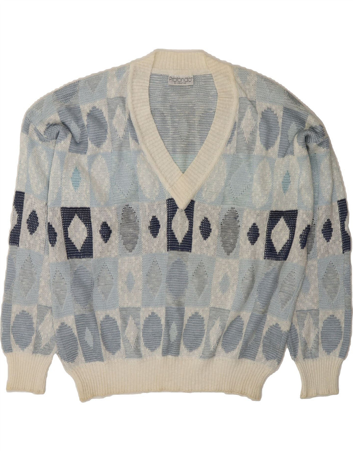 VINTAGE Womens V-Neck Jumper Sweater IT 46 Large Blue Geometric Cotton Vintage Vintage and Second-Hand Vintage from Messina Hembry 