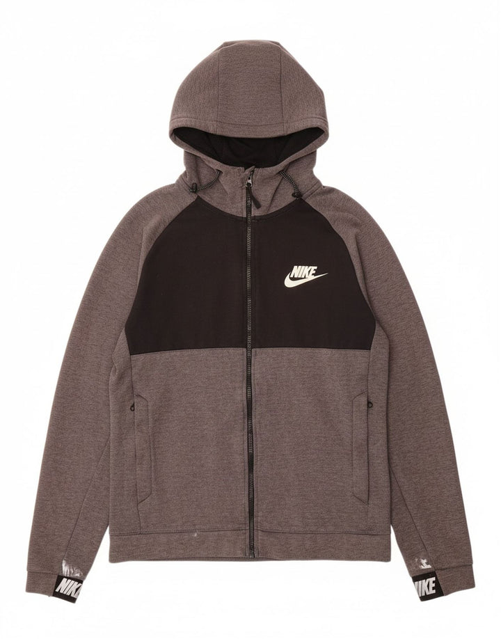Suéter NIKE masculino com capuz e zíper pequeno cinza colorblock algodão