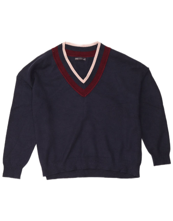 Suéter feminino Marks & Spencer com decote em V UK 18 XL azul marinho colorblock