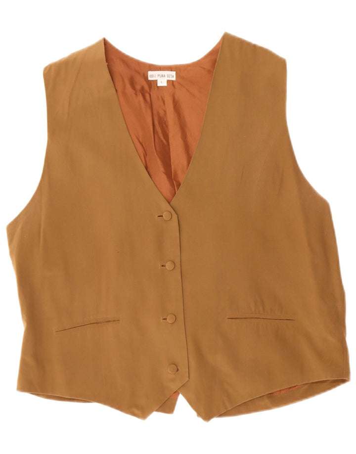 VINTAGE Womens Waistcoat UK 16 Large Brown Silk